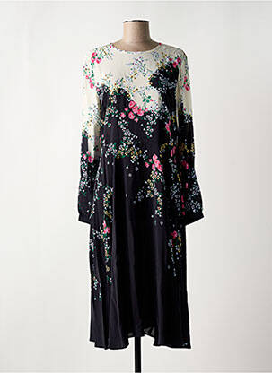 Robe mi-longue imprimé fleurs manches longues noir IDANO femme