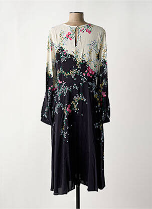 Robe mi-longue imprimé fleurs manches longues noir IDANO femme