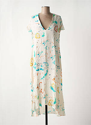 Robe mi-longue imprimé fleurs manches courtes beige MAGNOLIA TRENDY femme