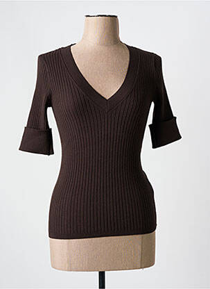 Pull col v manches courtes marron YAYA femme