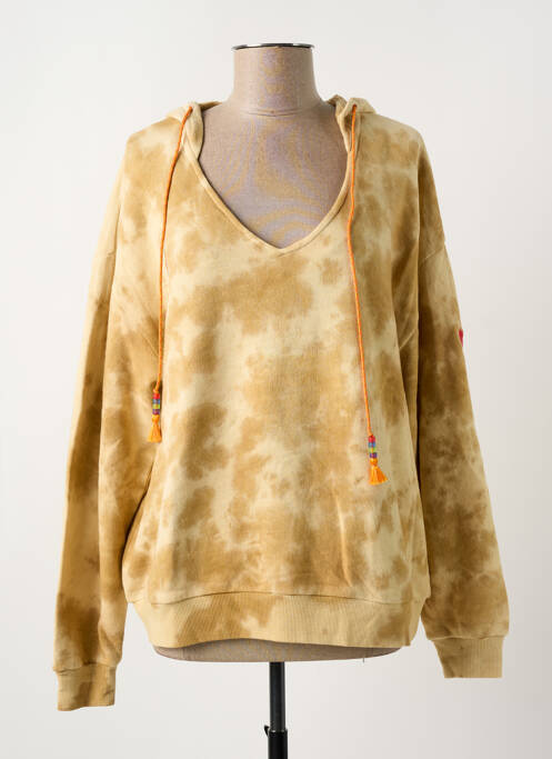 Sweat-shirt à capuche col v manches longues beige ME369 femme