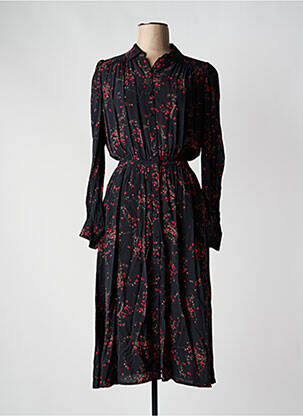 Robe mi-longue imprimé fleurs manches longues noir IDANO femme