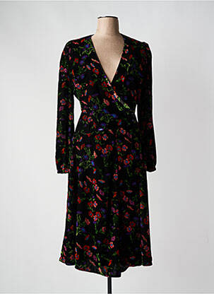 Robe mi-longue imprimé fleurs manches longues noir IDANO femme