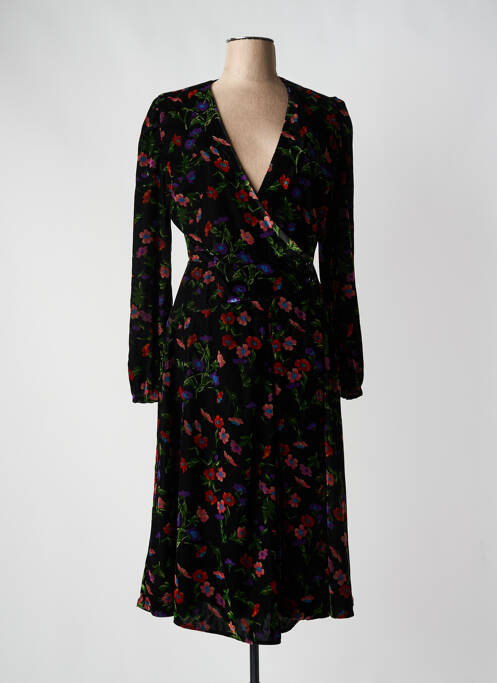 Robe mi-longue imprimé fleurs manches longues noir IDANO femme