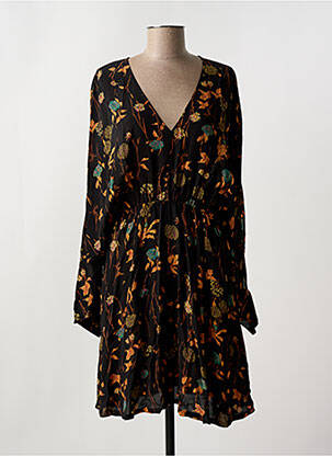 Robe mi-longue imprimé fleurs manches longues noir IDANO femme