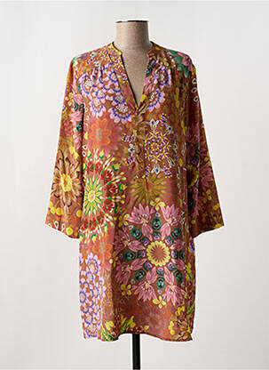 Robe mi-longue imprimé fleurs manches 3/4 marron MOMONI femme