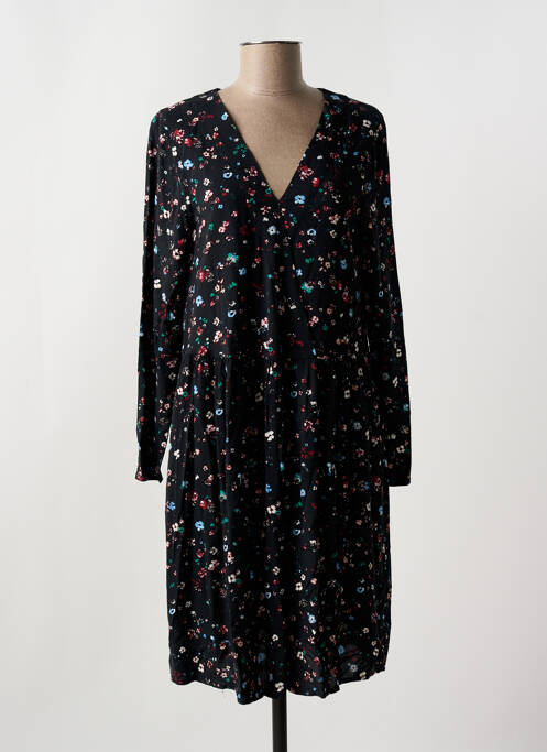 Robe mi-longue imprimé fleurs manches longues noir ICHI femme