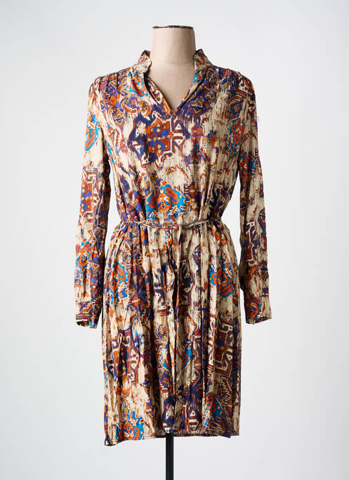 Robe mi-longue imprimé fantaisie manches longues beige LA FEE MARABOUTEE femme
