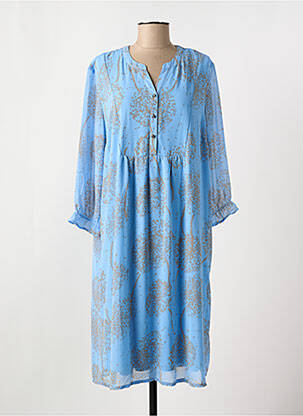 Robe mi-longue coupe fluide manches longues bleu SIGNATURE femme