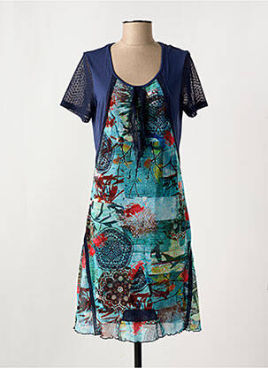 Robe mi-longue imprimé fantaisie manches courtes bleu GUY DUBOUIS femme