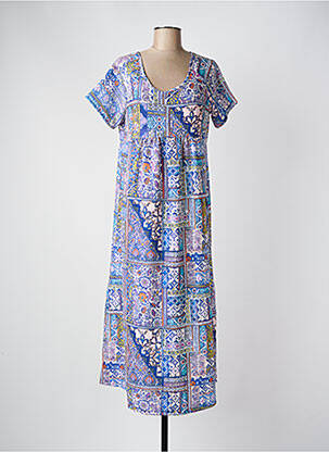 Robe longue imprimé fantaisie manches courtes bleu MASSANA femme