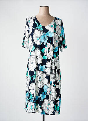 Robe mi-longue imprimé fleurs manches courtes bleu FRANK WALDER femme
