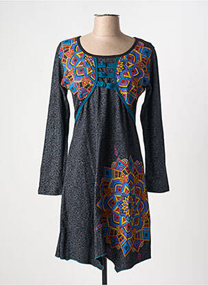Robe mi-longue imprimé fantaisie manches longues noir COTON DU MONDE femme