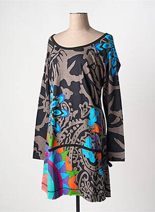 Robe mi-longue imprimé fantaisie manches longues marron COTON DU MONDE femme