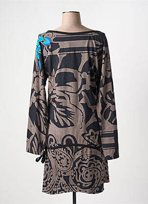 Robe mi-longue imprimé fantaisie manches longues marron COTON DU MONDE femme