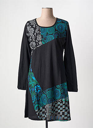 Robe mi-longue imprimé fantaisie manches longues noir COTON DU MONDE femme