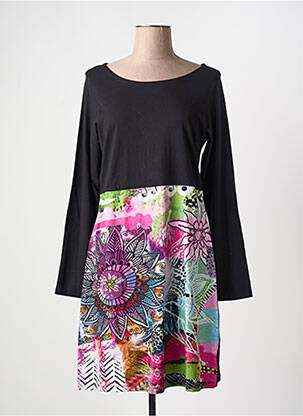 Robe mi-longue imprimé fleurs manches longues noir COTON DU MONDE femme