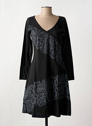 Robe mi-longue imprimé fantaisie manches longues noir COTON DU MONDE femme