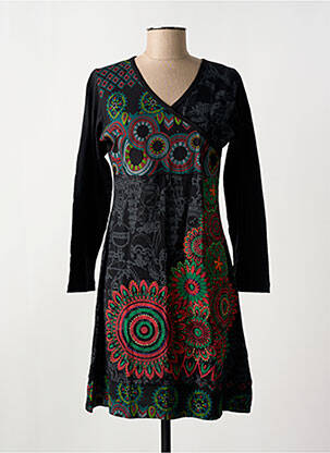 Robe mi-longue imprimé fantaisie manches longues noir COTON DU MONDE femme
