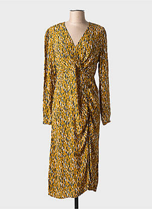 Robe mi-longue tissage crêpe manches longues jaune AN' GE femme