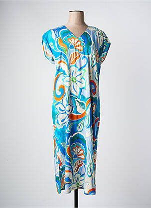 Robe mi-longue imprimé fleurs manches courtes bleu GREGORY PAT femme