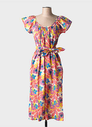 Robe mi-longue imprimé fleurs manches courtes orange CHICOSOLEIL femme