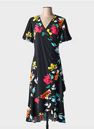 Robe mi-longue imprimé fleurs manches courtes noir JOSEPH RIBKOFF femme