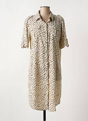 Robe mi-longue imprimé fantaisie manches courtes beige NUMEROLOGIE femme