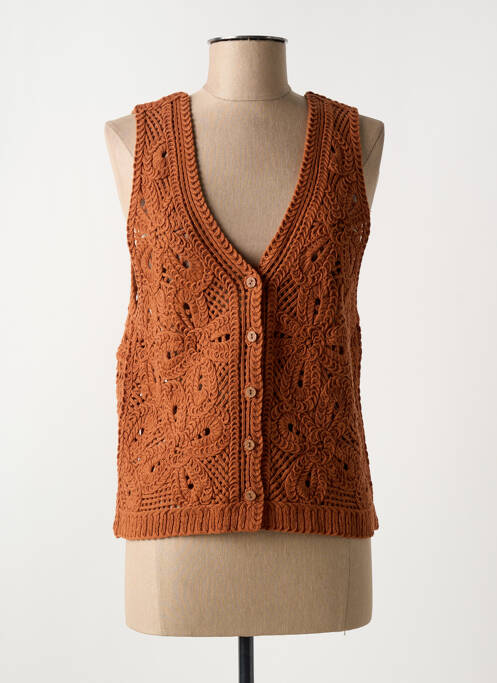 Gilet sans manche maille ajourée marron C'EST BEAU LA VIE femme