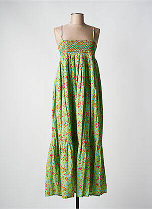 Robe mi-longue imprimé fleurs fines bretelles vert C'EST BEAU LA VIE femme