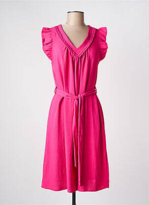 Robe mi-longue tissage crêpe manches courtes rose JULIE GUERLANDE femme