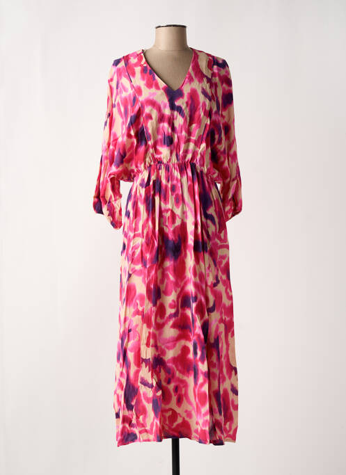 Robe mi-longue imprimé fantaisie manches longues rose JULIE GUERLANDE femme