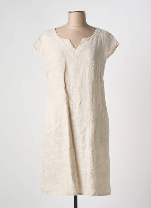 Robe mi-longue manches courtes manches courtes beige COULEURS DU TEMPS femme