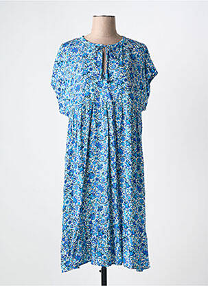 Robe mi-longue imprimé fleurs manches courtes bleu EVA KAYAN femme
