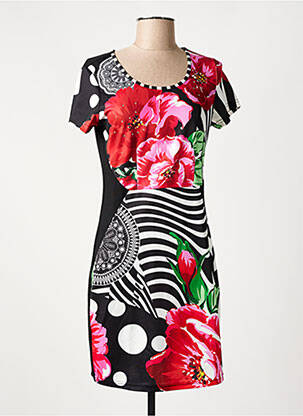 Robe mi-longue imprimé fantaisie manches courtes noir 101 IDEES femme