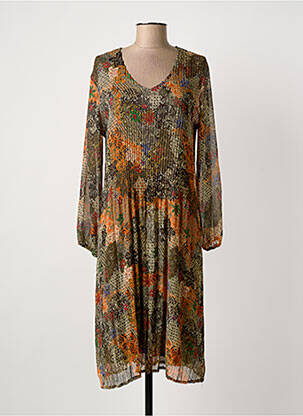Robe mi-longue imprimé fantaisie manches longues marron FRANCK ANNA femme