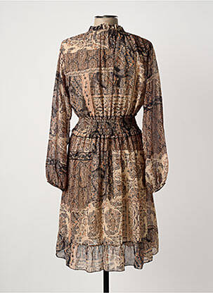 Robe mi-longue imprimé fantaisie manches longues beige COULEURS DU TEMPS femme