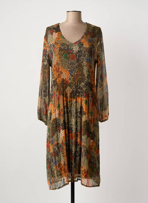 Robe mi-longue imprimé fantaisie manches longues marron FRANCK ANNA femme