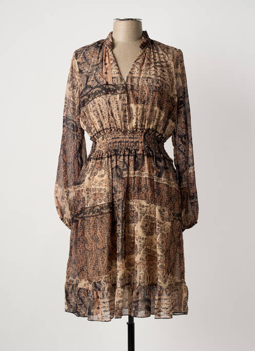 Robe mi-longue imprimé fantaisie manches longues beige COULEURS DU TEMPS femme
