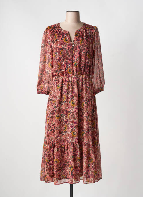 Robe mi-longue imprimé fleurs manches longues rose C'EST BEAU LA VIE femme