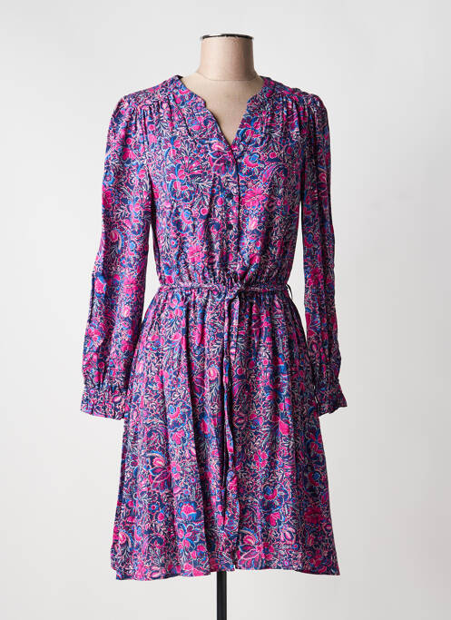 Robe mi-longue imprimé fleurs manches longues rose C'EST BEAU LA VIE femme