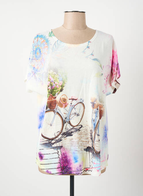 T-shirt imprimé fantaisie manches courtes blanc COULEURS DU TEMPS femme