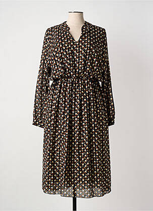 Robe mi-longue imprimé fleurs manches longues noir COULEURS DU TEMPS femme