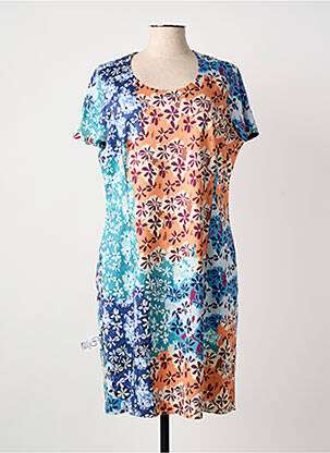 Robe mi-longue imprimé fantaisie manches courtes bleu GUY DUBOUIS femme