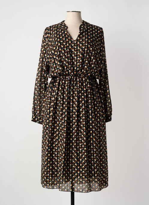 Robe mi-longue imprimé fleurs manches longues noir COULEURS DU TEMPS femme