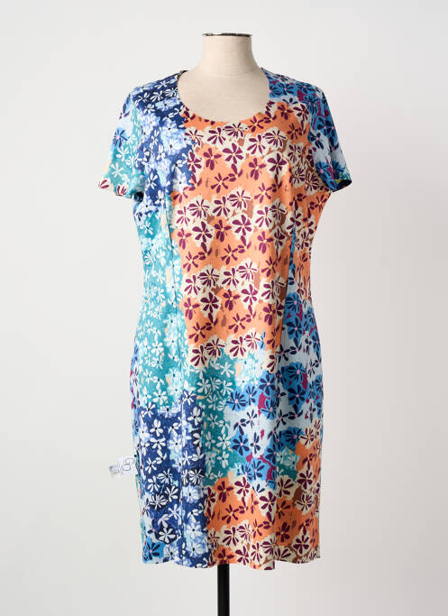 Robe mi-longue imprimé fantaisie manches courtes bleu GUY DUBOUIS femme