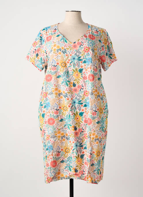 Robe mi-longue imprimé fleurs manches courtes rose GUY DUBOUIS femme