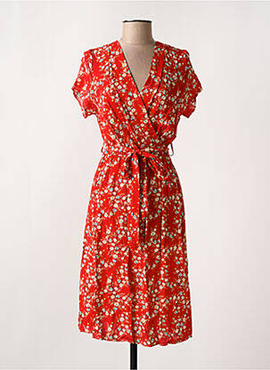 Robe mi-longue imprimé fleurs manches courtes rouge COULEURS DU TEMPS femme