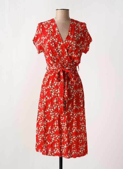 Robe mi-longue imprimé fleurs manches courtes rouge COULEURS DU TEMPS femme