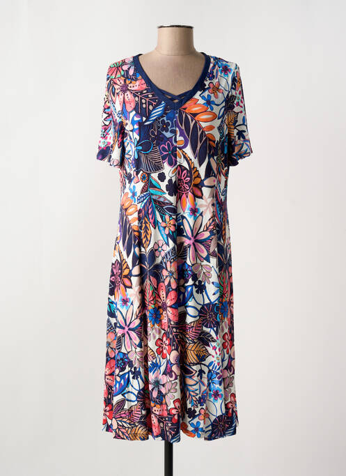 Robe mi-longue imprimé fleurs manches courtes bleu MASSANA femme
